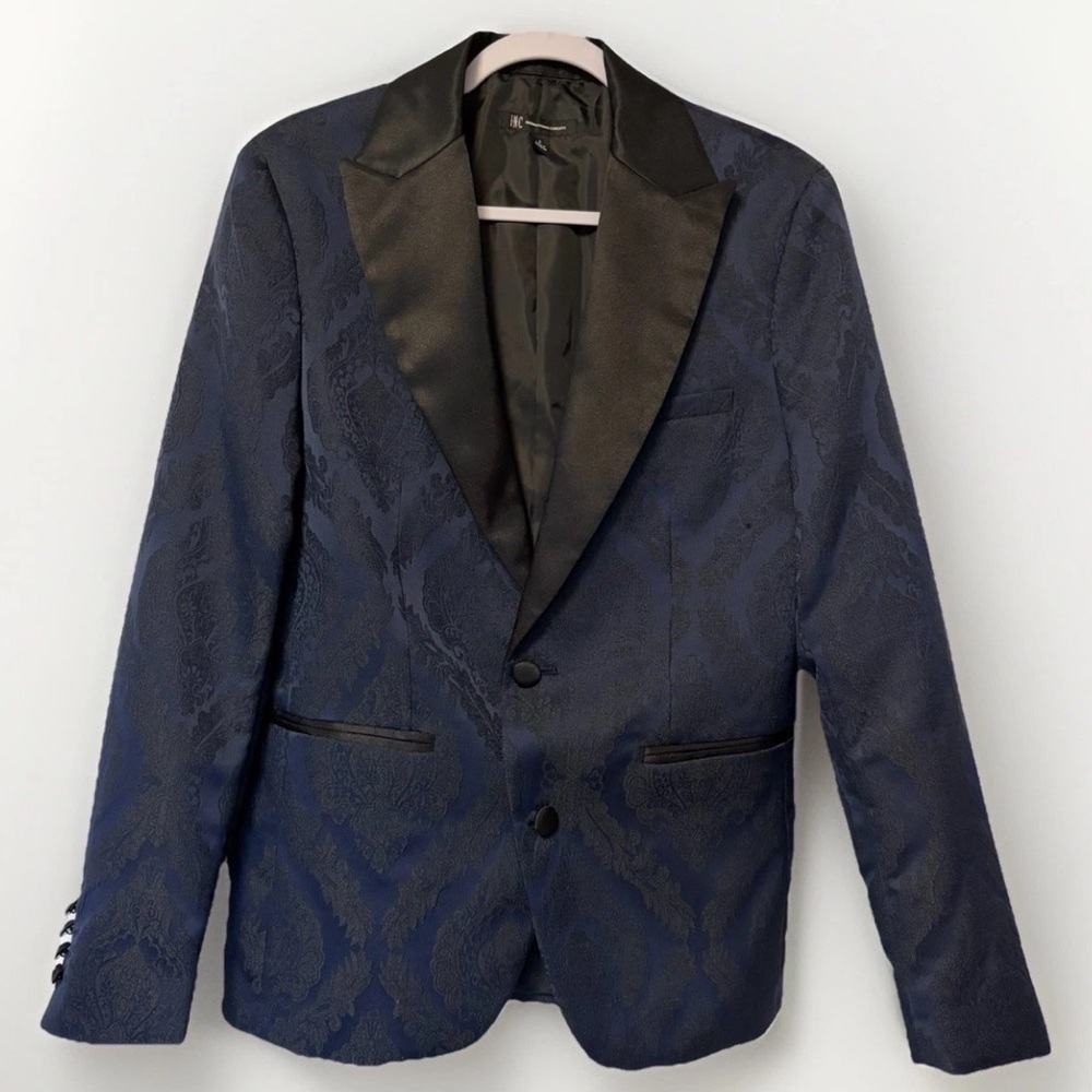 INC Men's Floral Jacquard Evening Tuxedo Suit Jacket Blazer Navy Black Sz S Prom